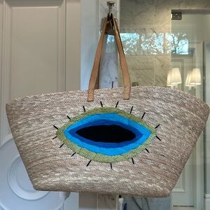 Evil Eye embroidered Beach Bag with leather straps Nina Catrina Mexico